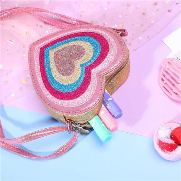 Heart Shaped Purse Pink Purse for Girls Kids Sparkly Pink with Shoulder Strap - Picture 5 of 8
